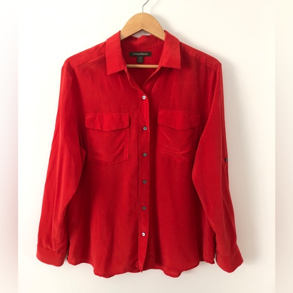 Tommy Bahama Women Long Sleeve Roll Tab 100% Silk Button Up Red Top L Career - Picture 1 of 8